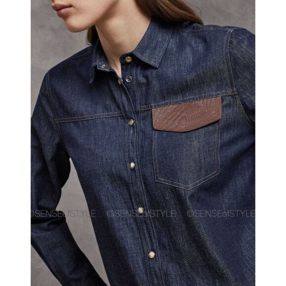 Brunello Cucinelli Denim Blue Jeans Shirt Top Button Long Sleeve Monili Size S
